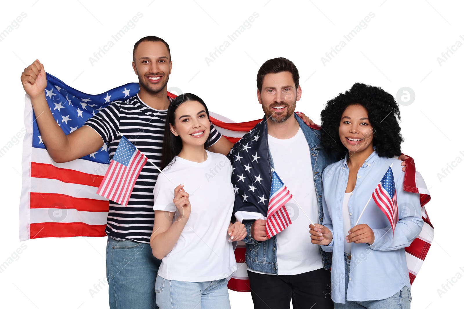 Image of 4th of July - Independence day of America. Happy friends with national flags of United States on white background