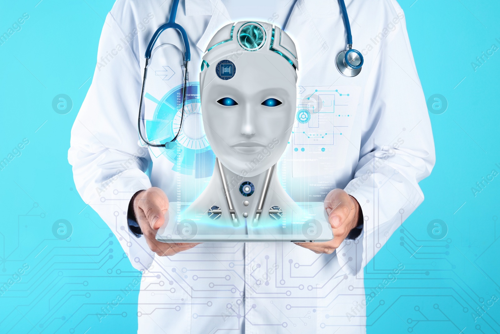 Image of Doctor demonstrating digital model of artificial intelligence on blue background, closeup. Machine learning concept