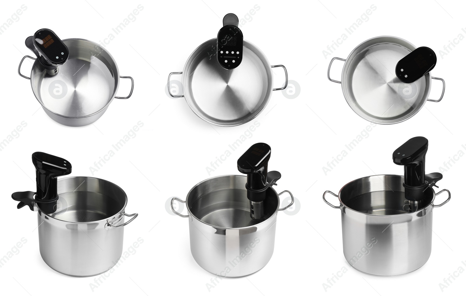 Image of Collage with sous vide cookers in pots isolated on white. Thermal immersion circulator