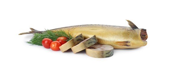 Photo of Delicious smoked mackerels with tomatoes and dill on white background