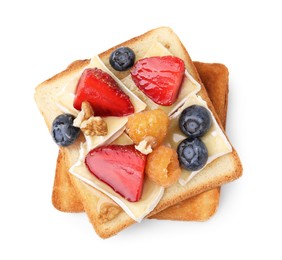 Photo of Tasty sandwich with brie cheese, fresh berries and walnuts isolated on white, top view