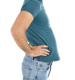 Photo of Overweight man on white background, closeup view