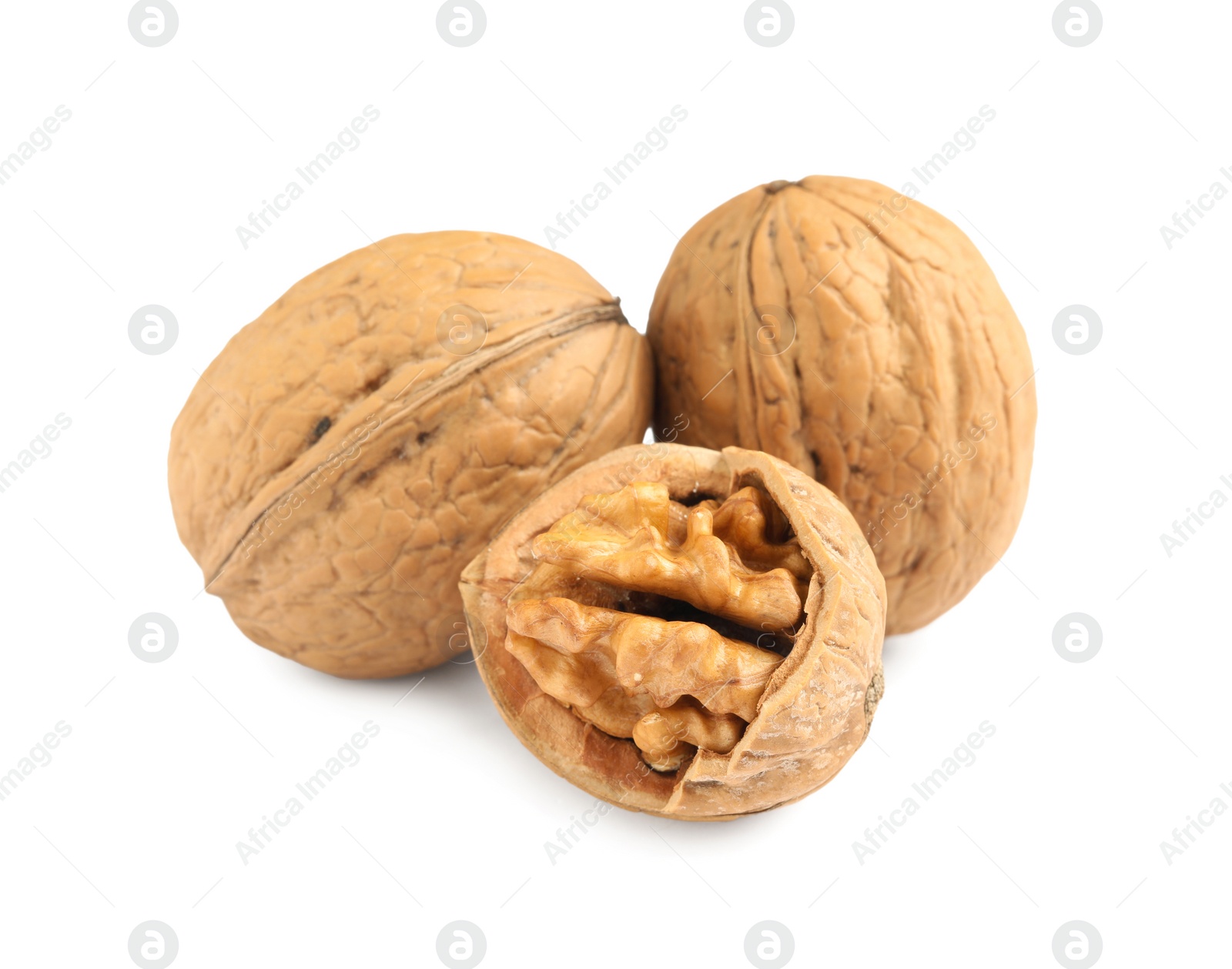 Photo of Fresh ripe walnuts in shell on white background