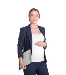 Photo of Young pregnant woman in suit with clipboard on white background. Working while expecting baby