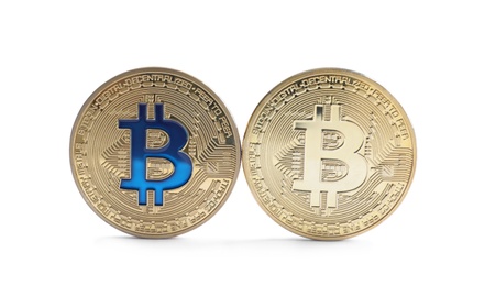 Shiny bitcoins isolated on white. Digital currency