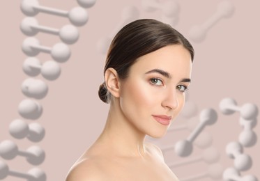 Image of Beautiful young woman against beige background with illustration of DNA chains