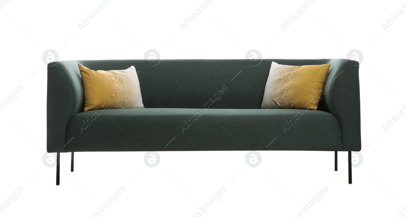 Photo of Comfortable green sofa with cushions on white background. Furniture for living room interior