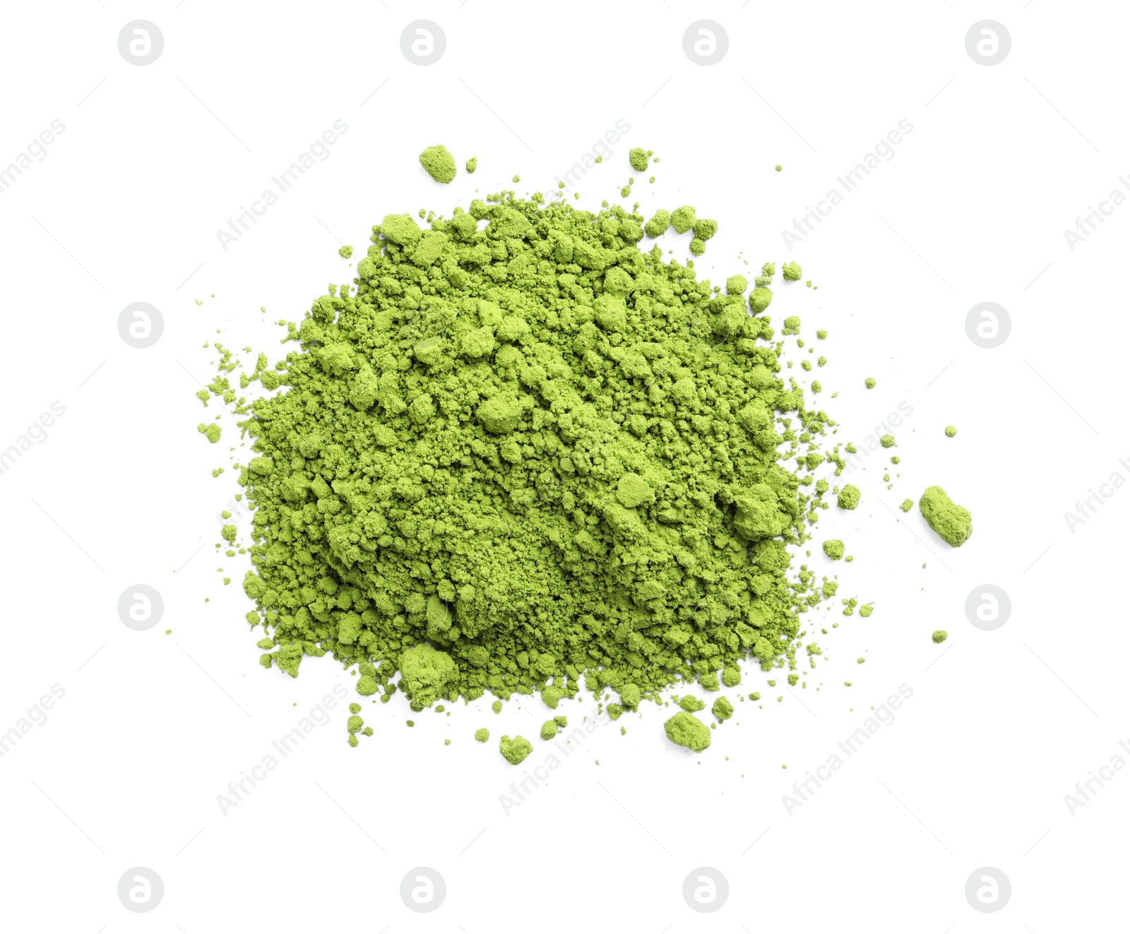 Photo of Pile of green matcha powder isolated on white, top view