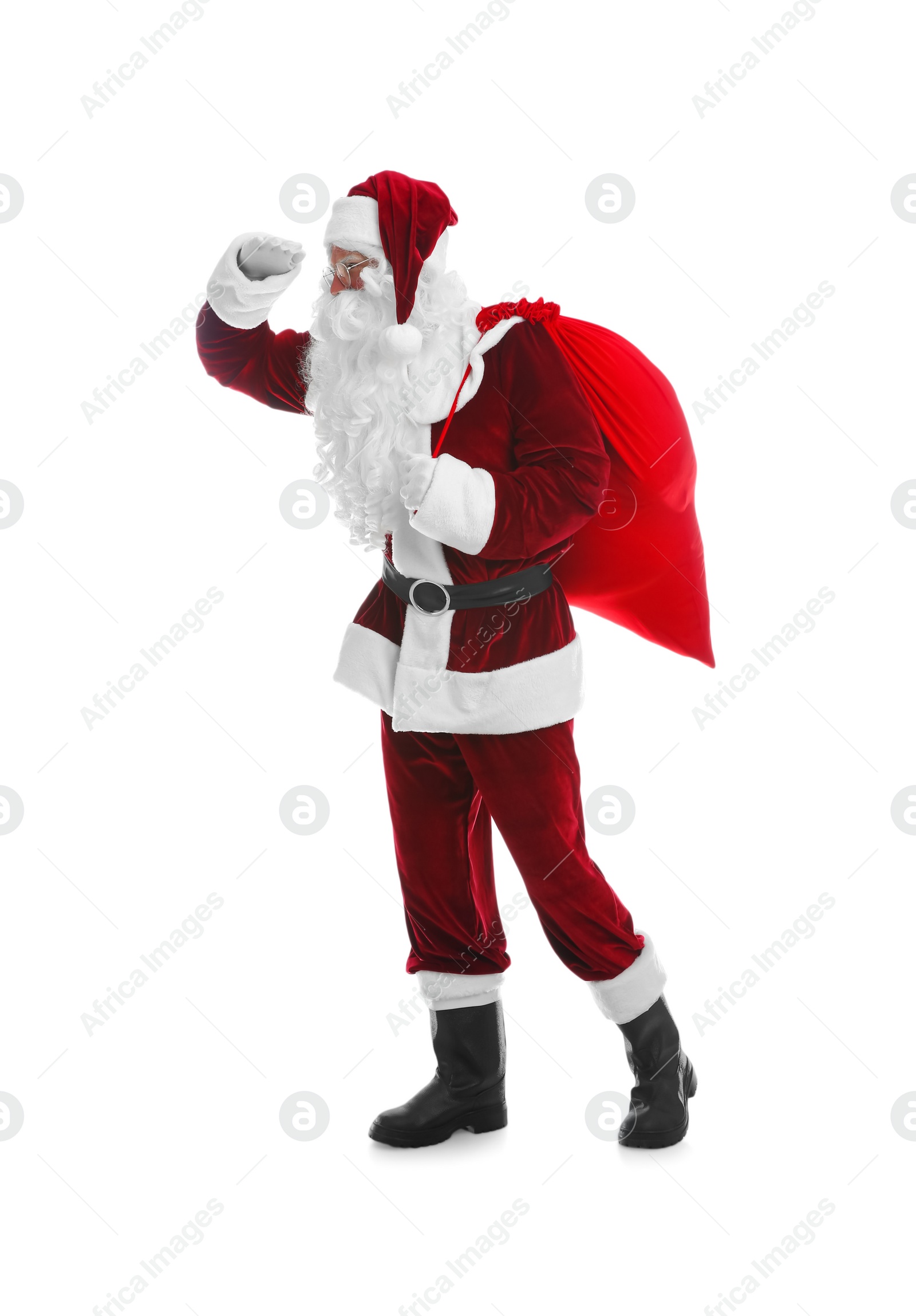 Photo of Santa Claus with sack on white background