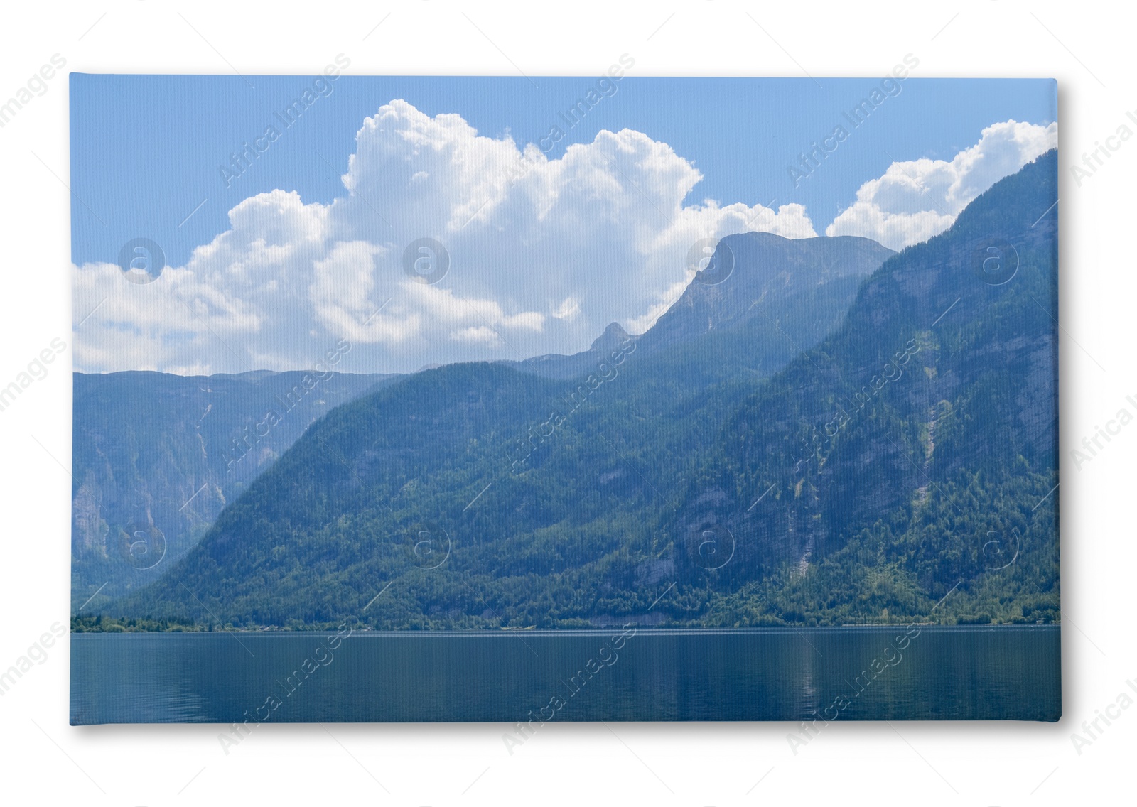 Image of Photo printed on canvas, white background. Picturesque view of river and mountains on sunny day