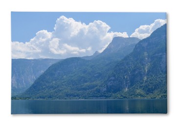 Photo printed on canvas, white background. Picturesque view of river and mountains on sunny day