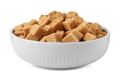 Photo of Bowl of brown sugar cubes isolated on white