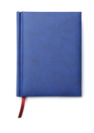 Photo of Stylish blue notebook isolated on white, top view