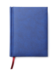 Stylish blue notebook isolated on white, top view