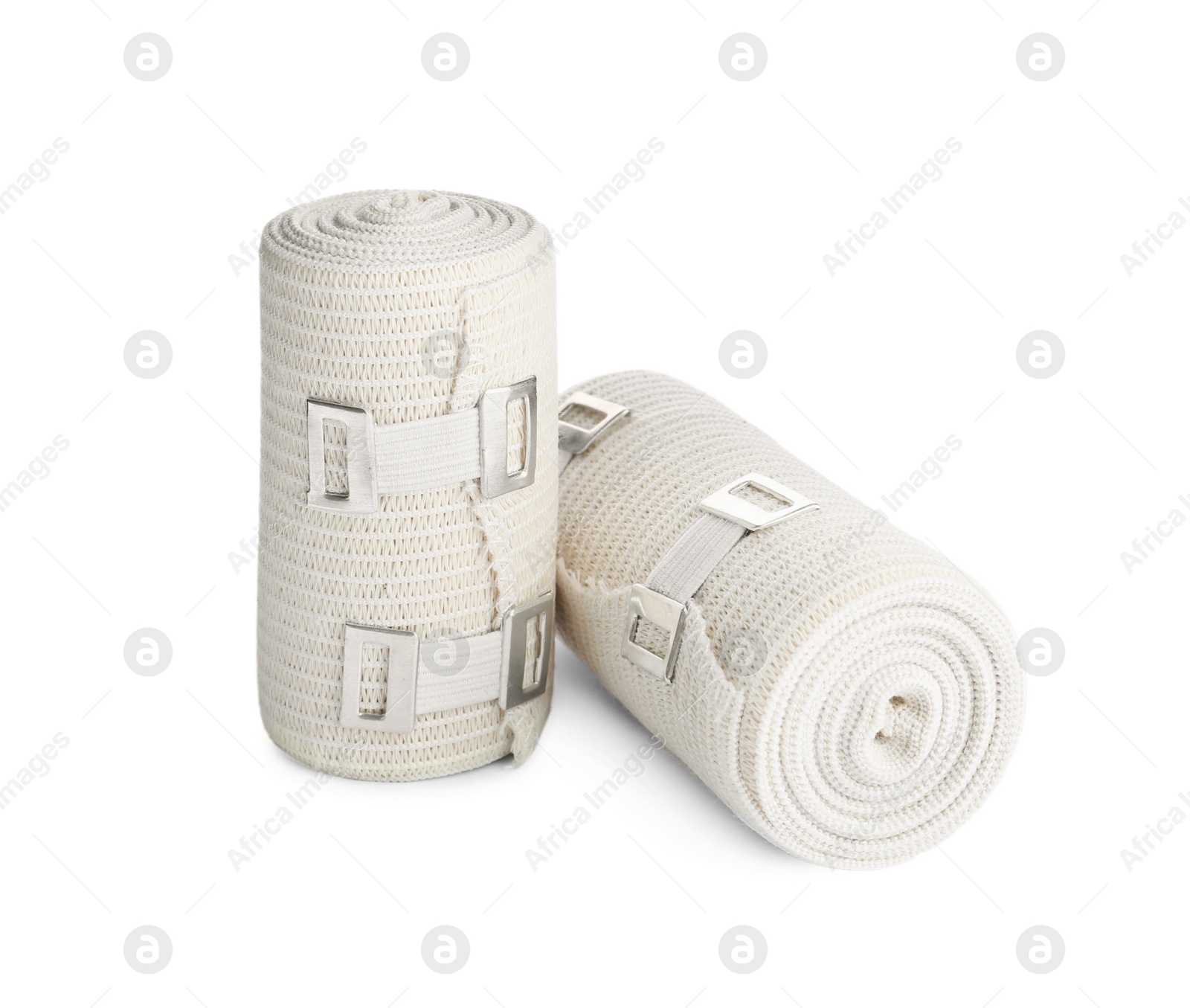 Photo of Medical bandage rolls on white background. First aid items