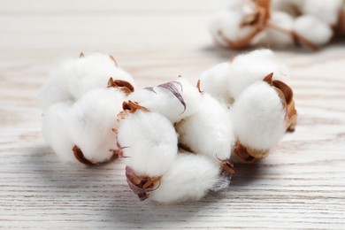 Photo of Fluffy cotton flowers on white wooden table, closeup