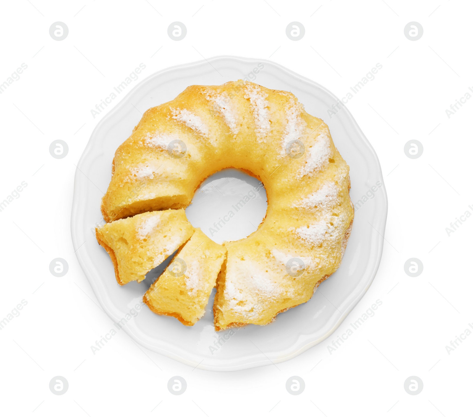 Photo of Delicious freshly baked sponge cake isolated on white, top view