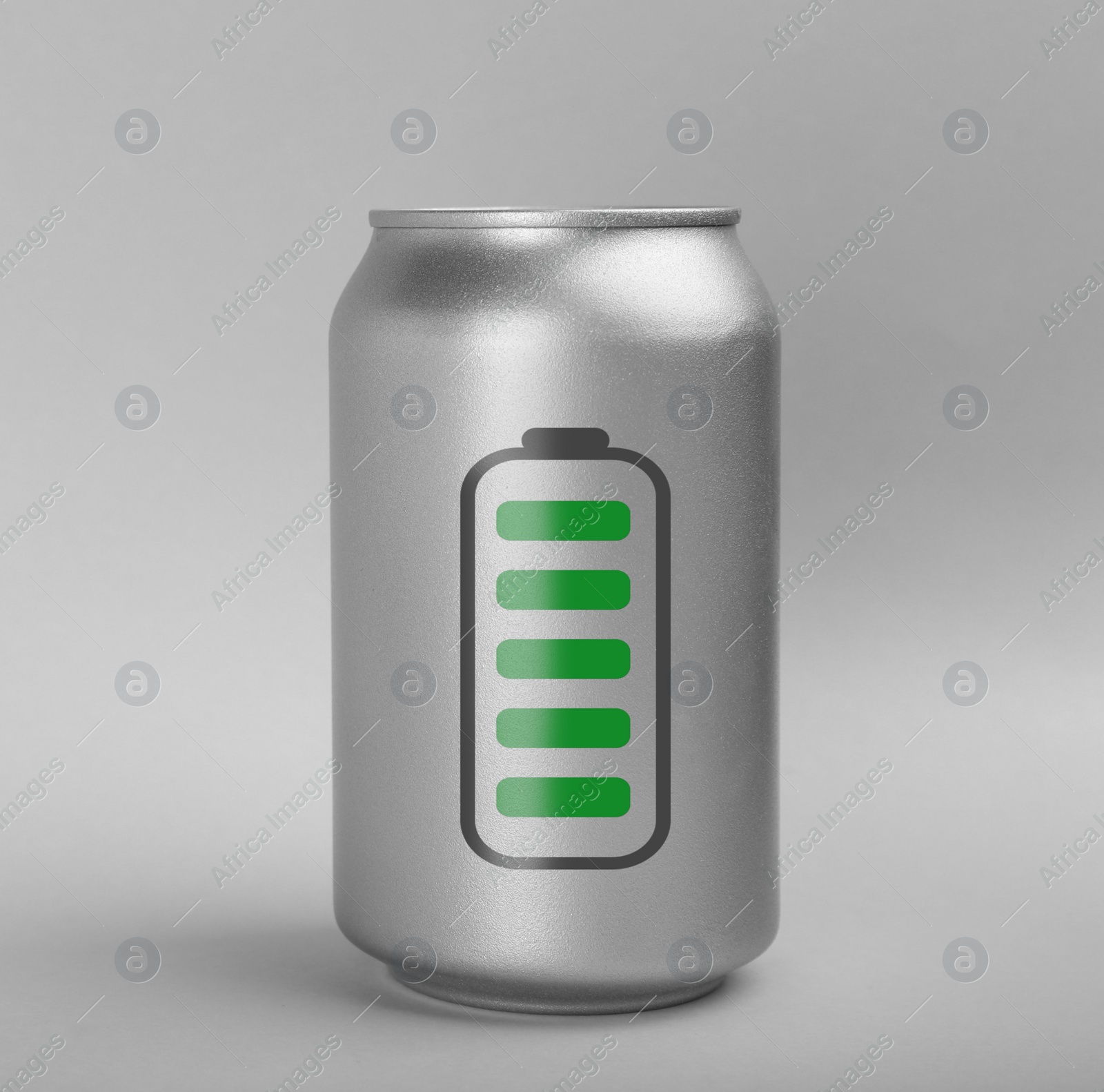 Image of Can of energy drink with picture of fully charged battery on light grey background