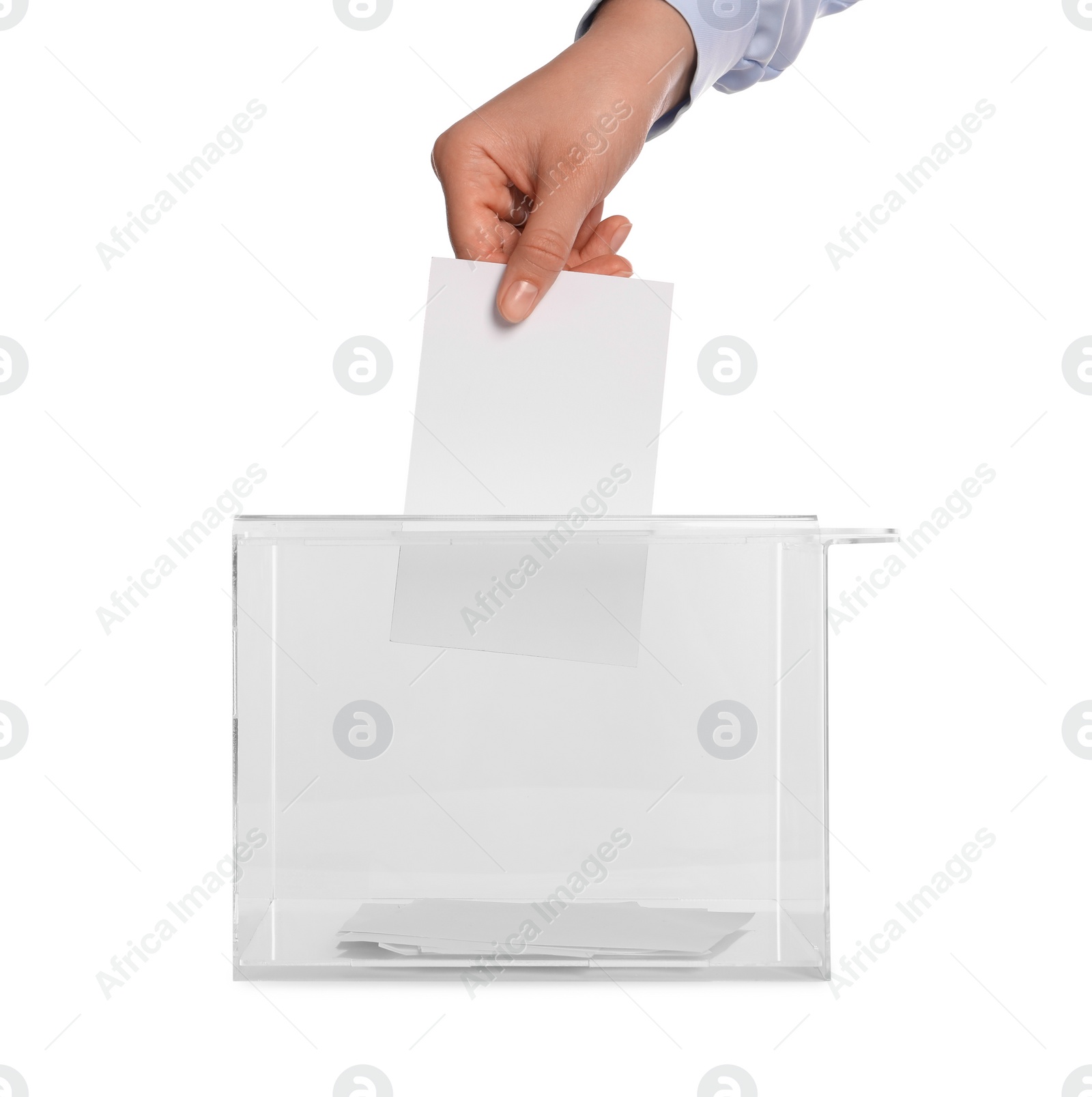 Photo of Woman putting her vote into ballot box on white background, closeup