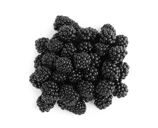 Photo of Tasty ripe blackberries on white background, top view