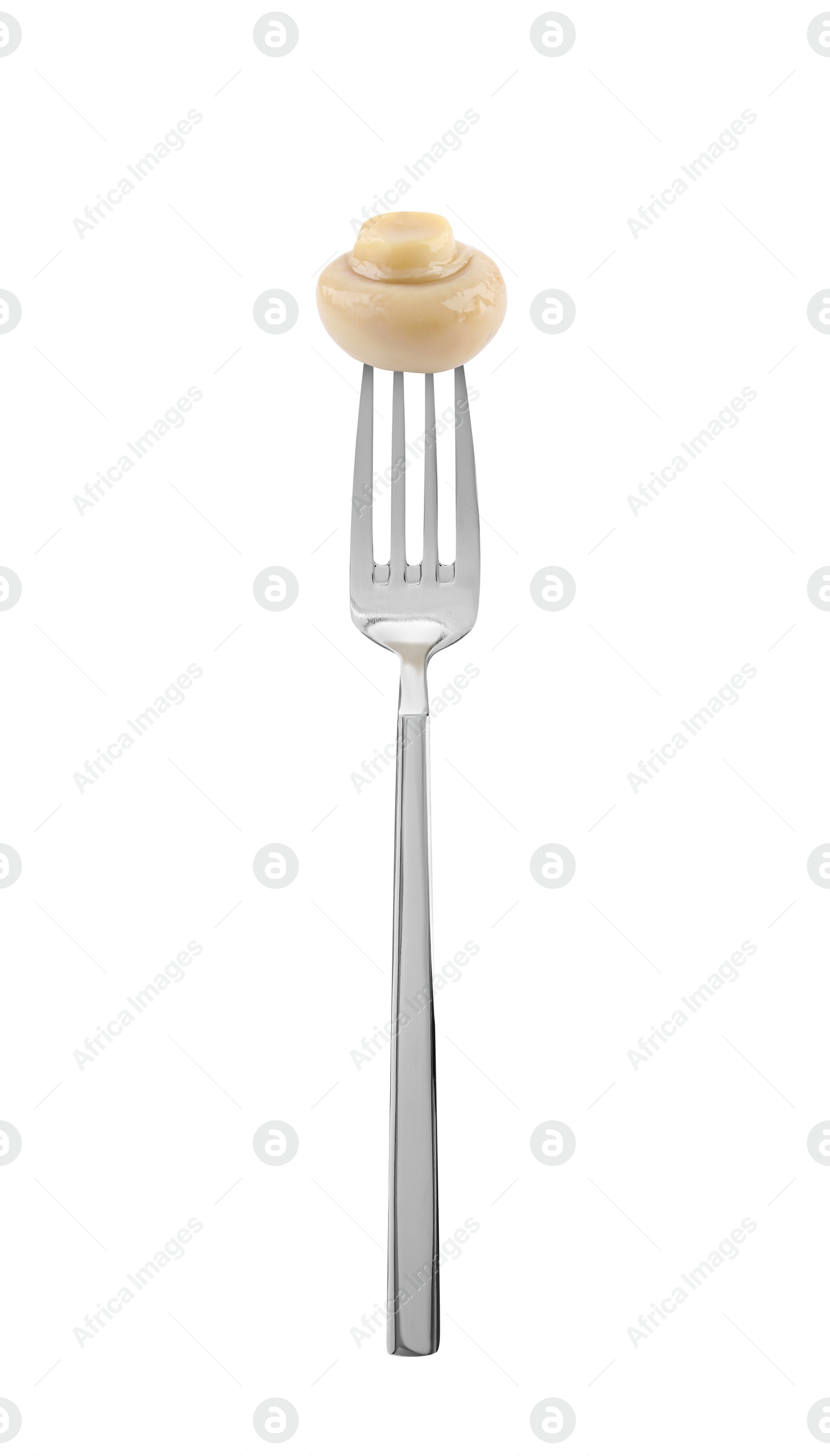 Image of Fork with marinated mushroom isolated on white