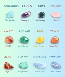 Zodiac signs and their gemstones on light blue background