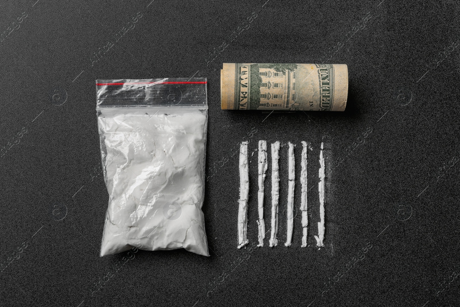 Photo of Flat lay composition with cocaine powder and money on black background