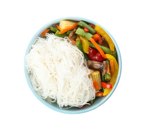 Tasty cooked rice noodles with vegetables isolated on white, top view