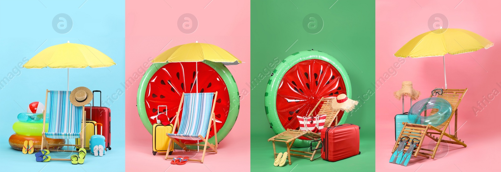 Image of Deck chairs and beach accessories, set with different color backgrounds