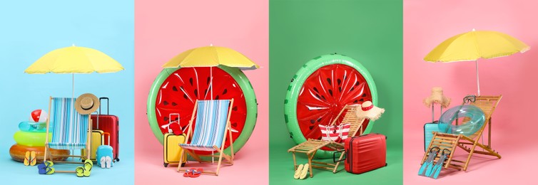 Image of Deck chairs and beach accessories, set with different color backgrounds