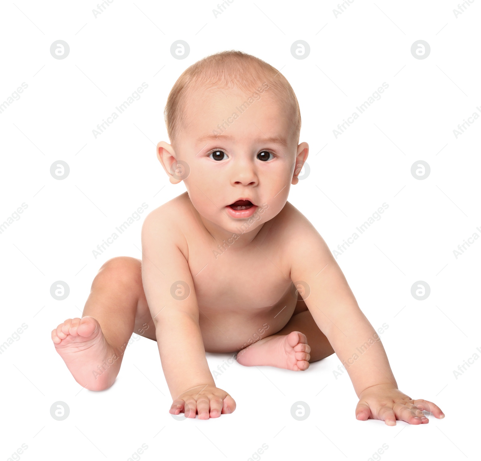 Photo of Cute little baby sitting on white background