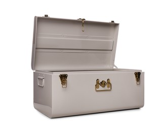 One stylish open storage trunk isolated on white