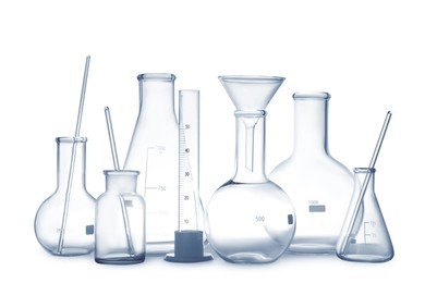 Photo of Empty clean laboratory glassware on white background