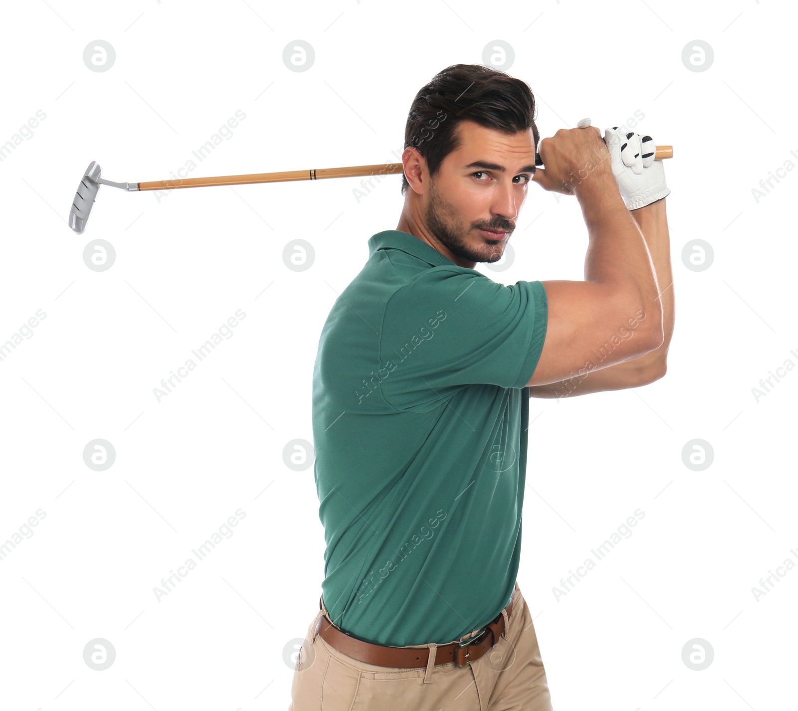 Photo of Young man playing golf on white background