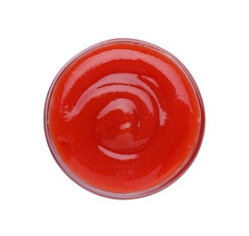 Photo of Bowl of tasty ketchup isolated on white, top view. Tomato sauce