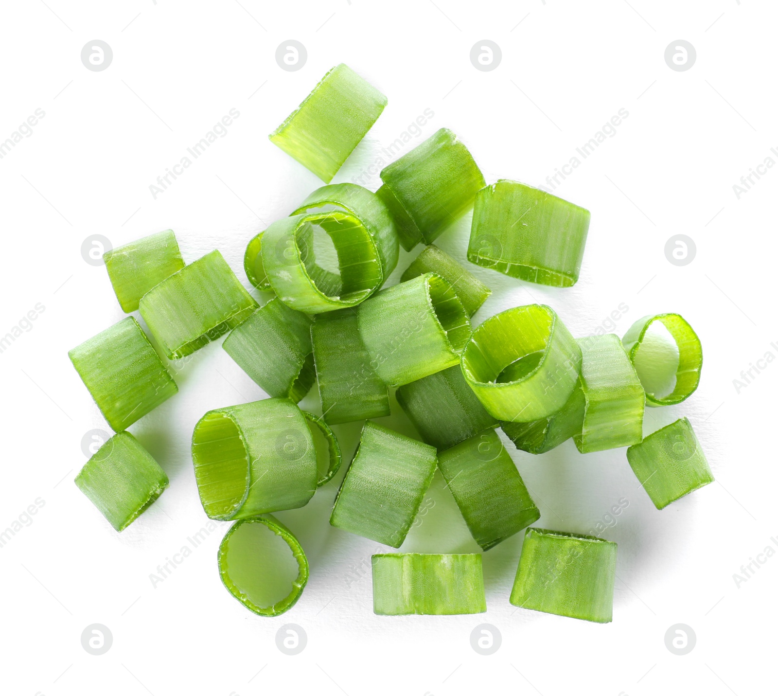 Photo of Cut fresh green onion on white background, top view