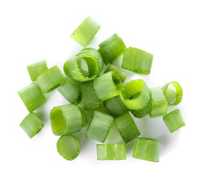 Photo of Cut fresh green onion on white background, top view