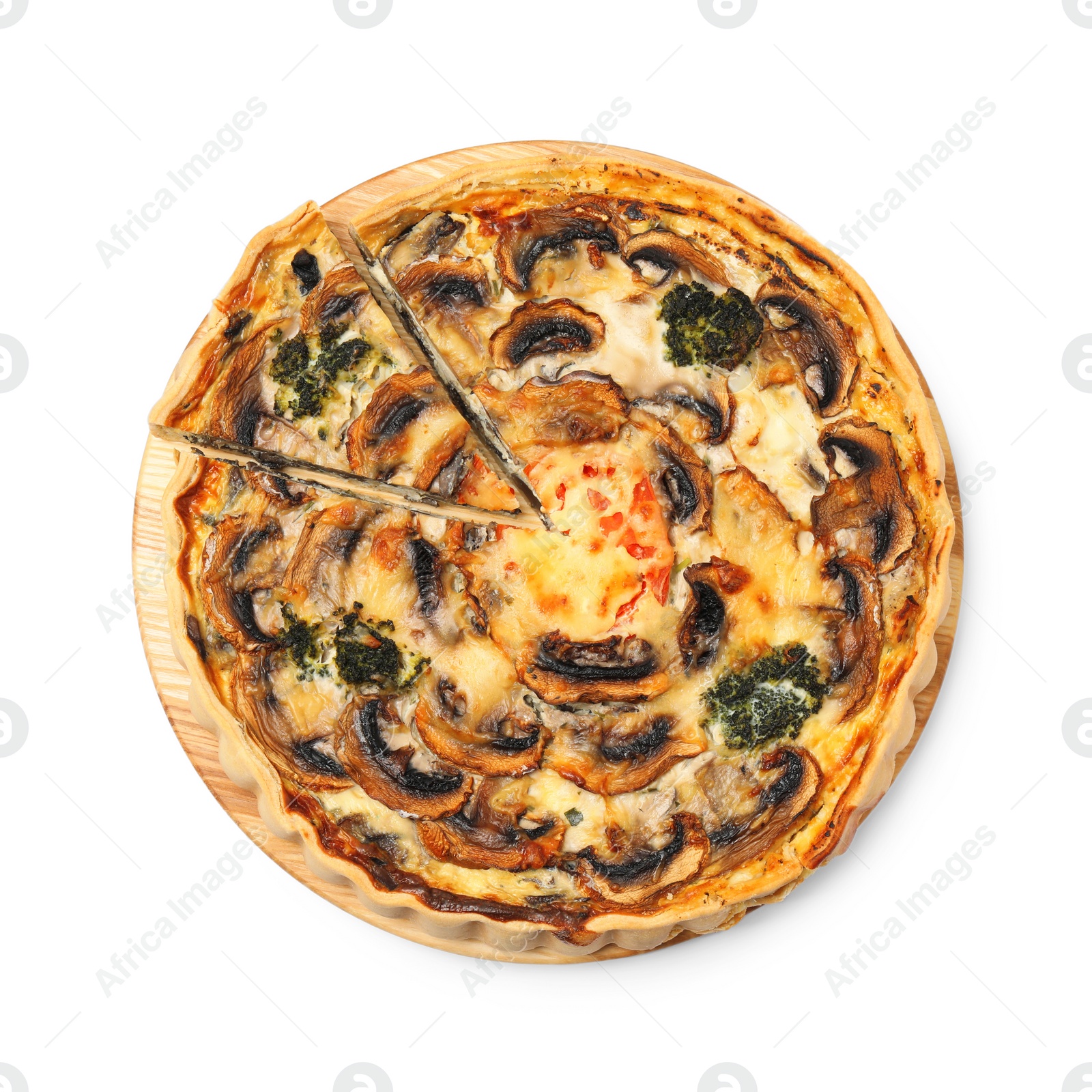 Photo of Delicious quiche with mushrooms isolated on white, top view