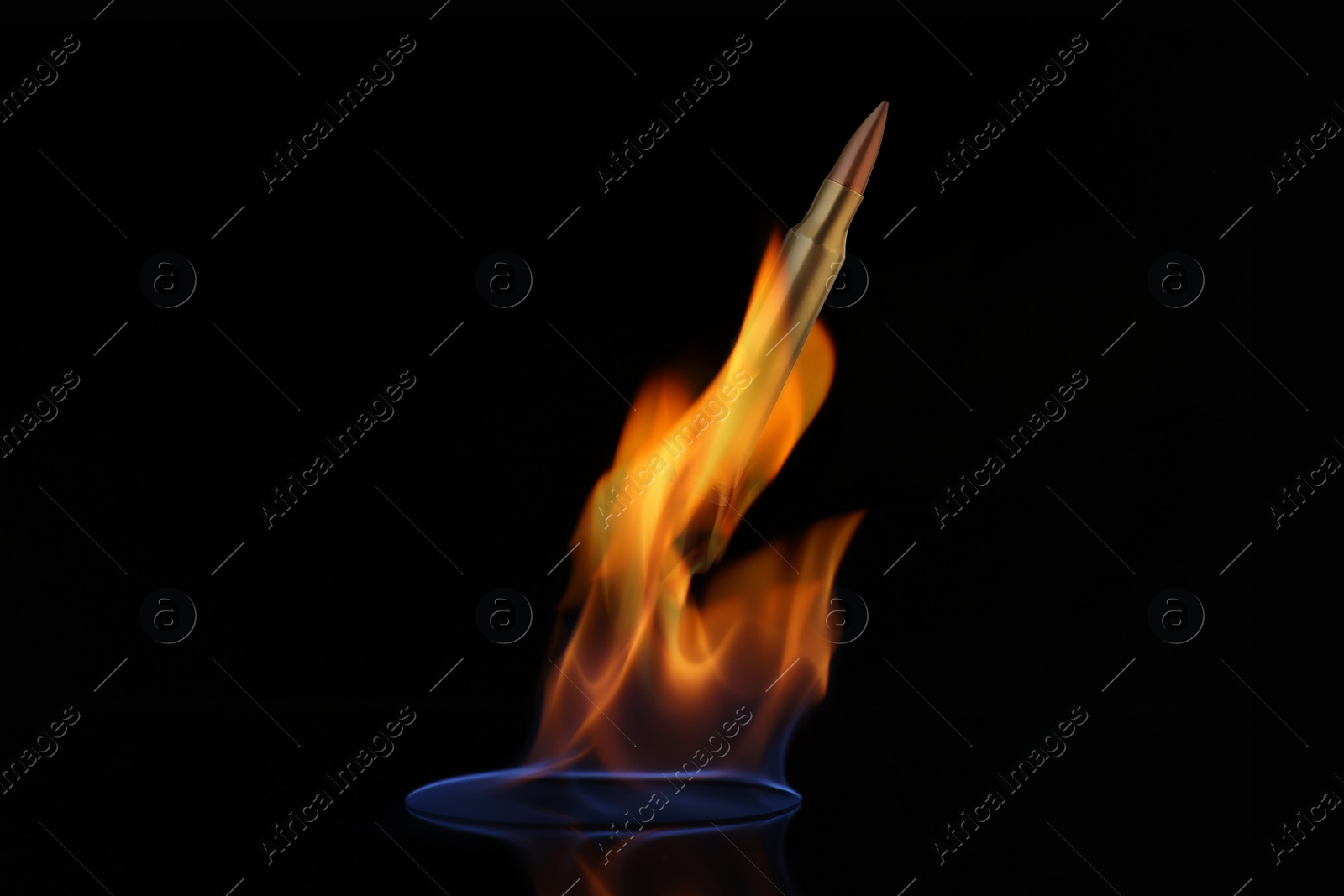 Image of Bullet with flames flying on black background