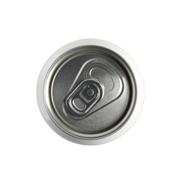 Aluminum can with drink isolated on white, top view