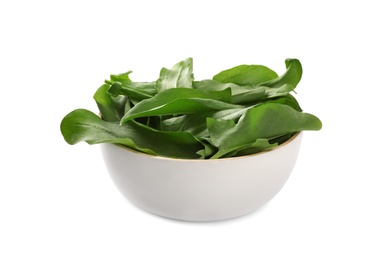 Fresh green sorrel leaves in bowl isolated on white