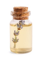 Bottle of lavender essential oil isolated on white