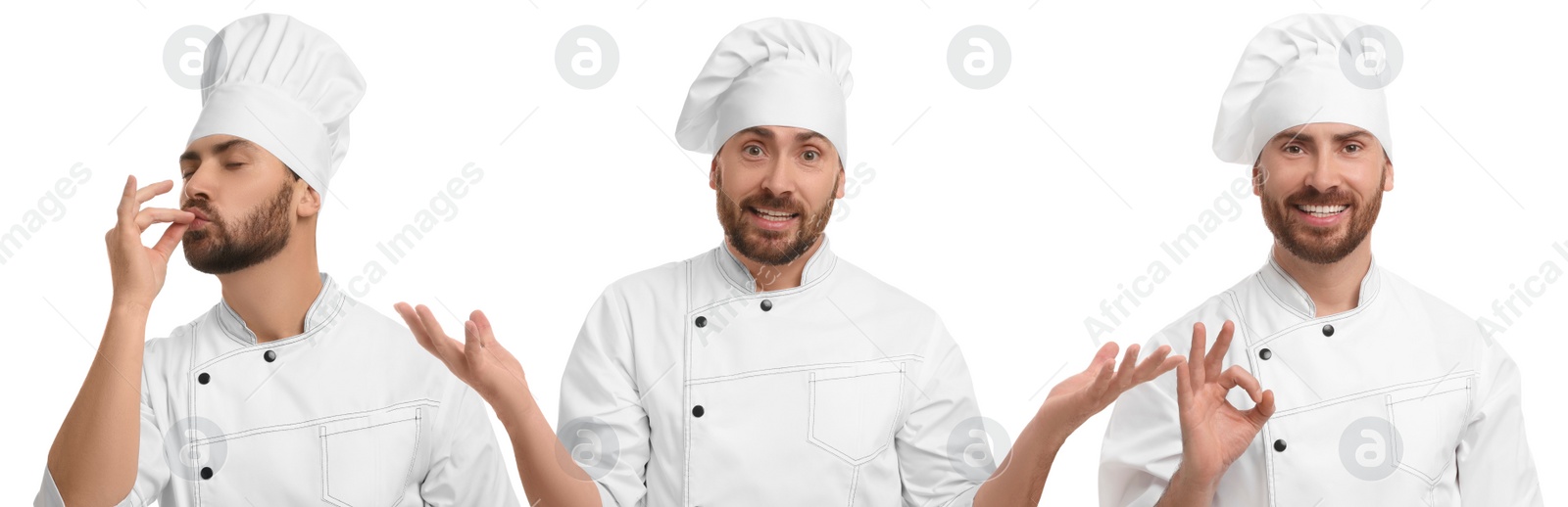 Image of Chef in uniform on white background, set with photos