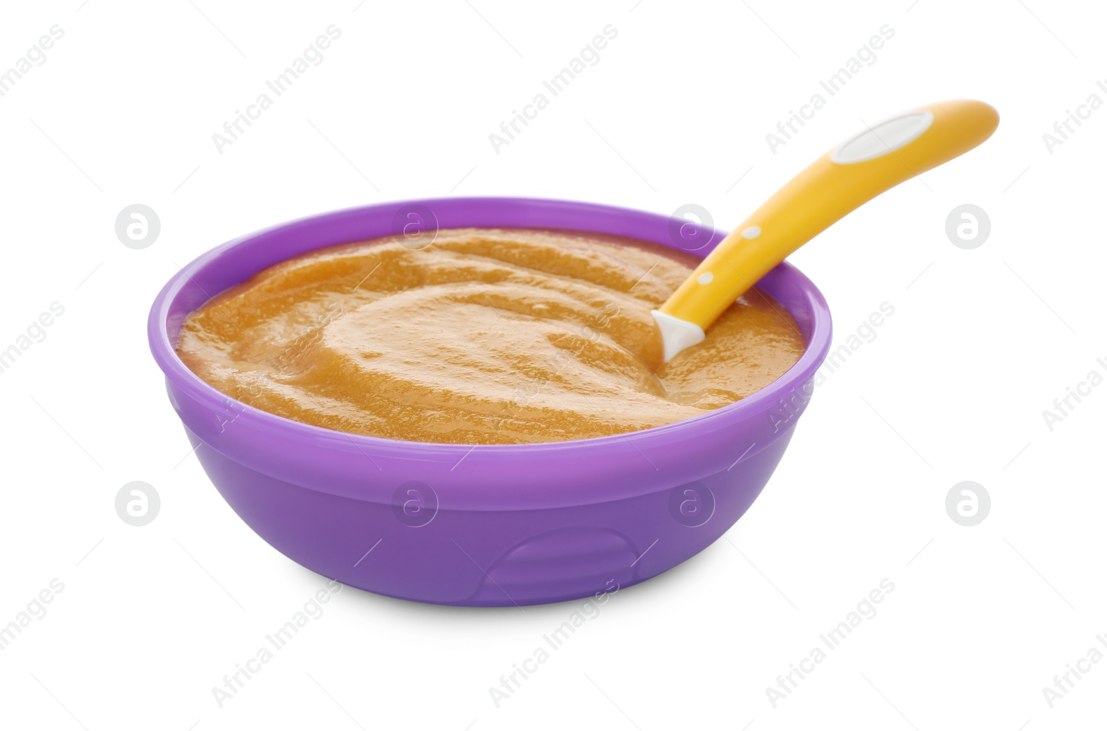 Photo of Healthy baby food in bowl on white background