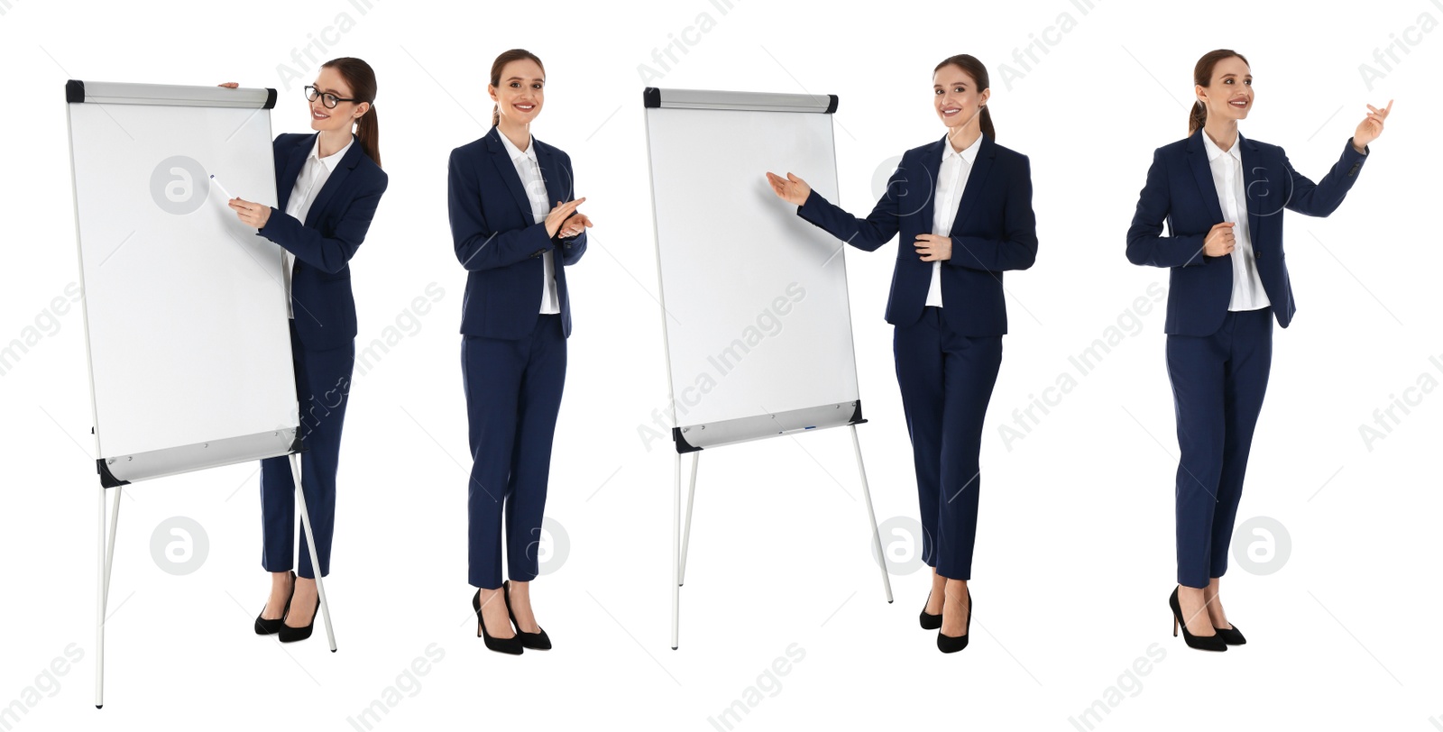 Image of Collage with photos of business trainer on white background, banner design 