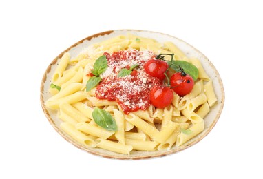 Photo of Tasty pasta with tomato sauce, cheese and basil isolated on white