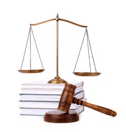 Photo of Wooden gavel, books and scales of justice on white background