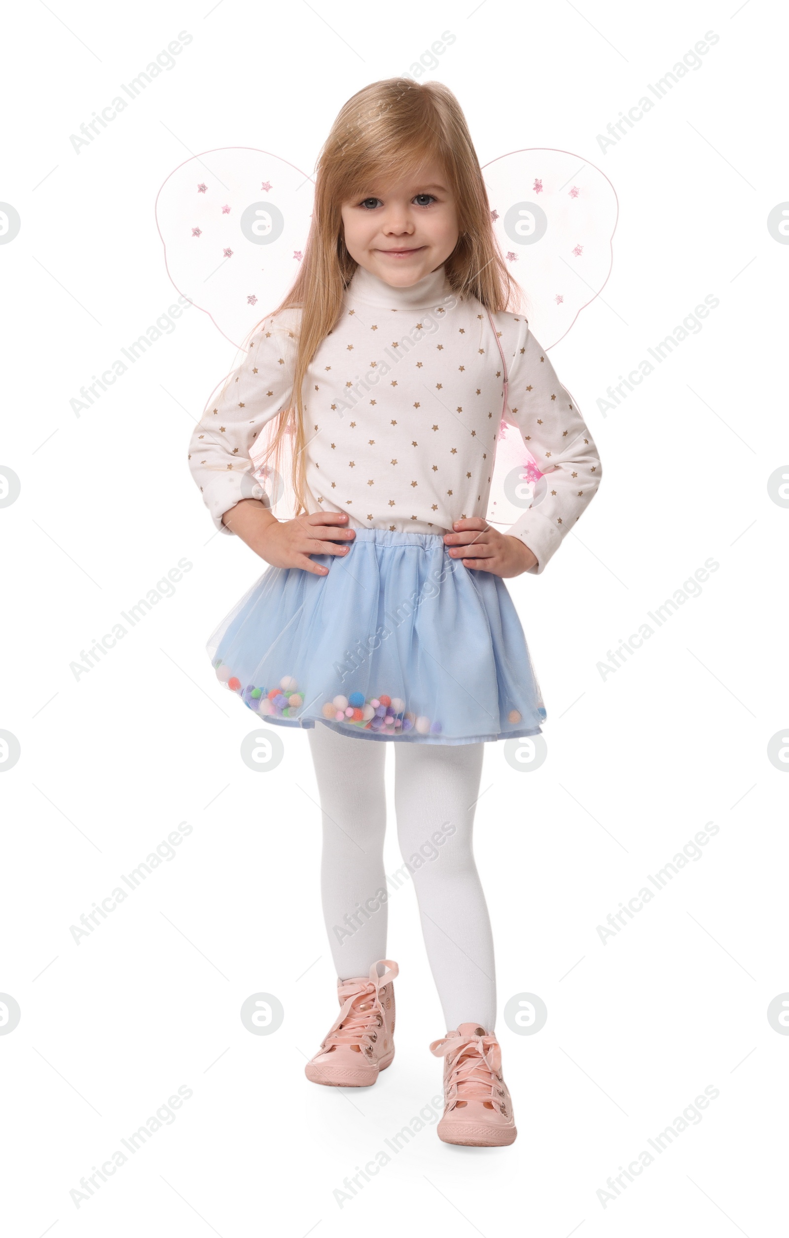 Photo of Cute little girl in fairy costume with pink wings on white background