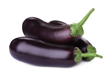 Photo of Tasty raw ripe eggplants isolated on white