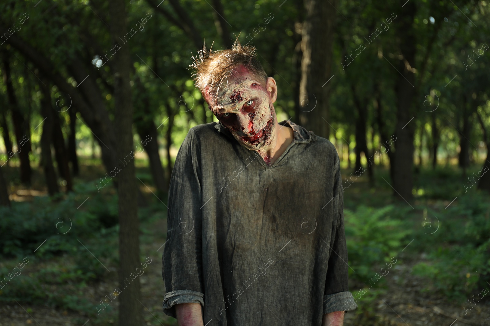 Photo of Scary zombie with bloody face outdoors. Halloween monster